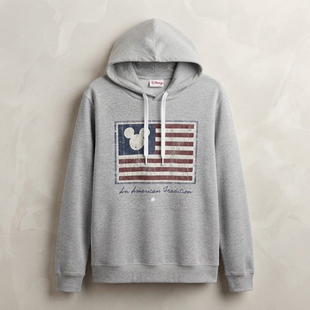 Disney Store Hoodie Adult Small Gray Mickey Mouse American Flag Graphic Pullover - Picture 2 of 11
